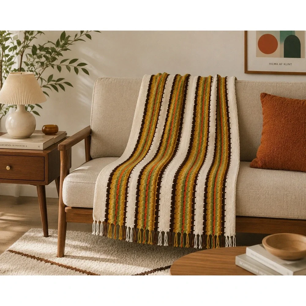 Handmade Crochet Afghan Throw Blanket MCM Boho Retro Striped Fringe Earthy 40x68